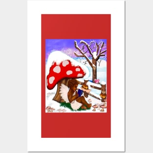 Snow covered mushroom covering Little bookworm angel boy cherub reading a book - tranquil winter scenery Posters and Art